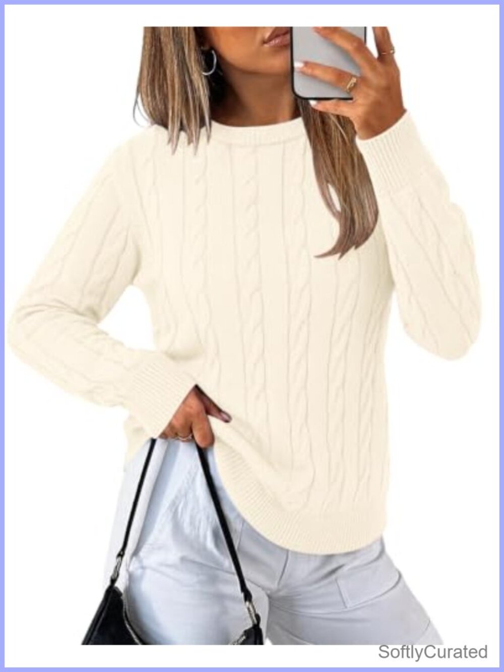 Cable Knit Sweater Long Sleeve Crewneck Pullover Loose Fit
